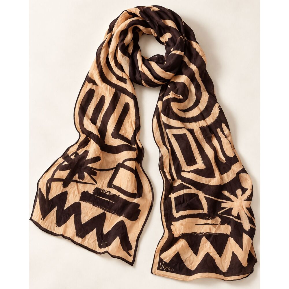 Vintage Vera Neumann Scarf Brown Beige Abstract Geometric Long Scarf 10x50